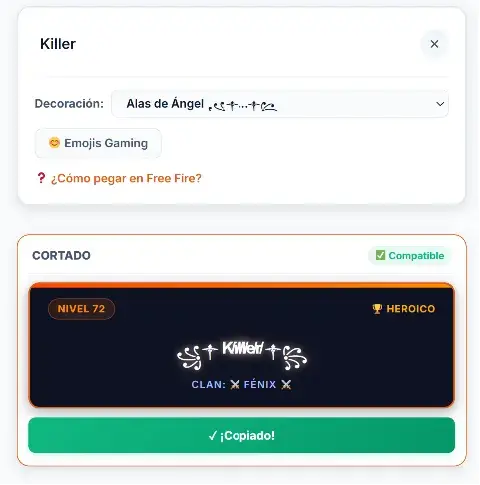 Paso 2: Copiar tu nombre aesthetic de Free Fire generado