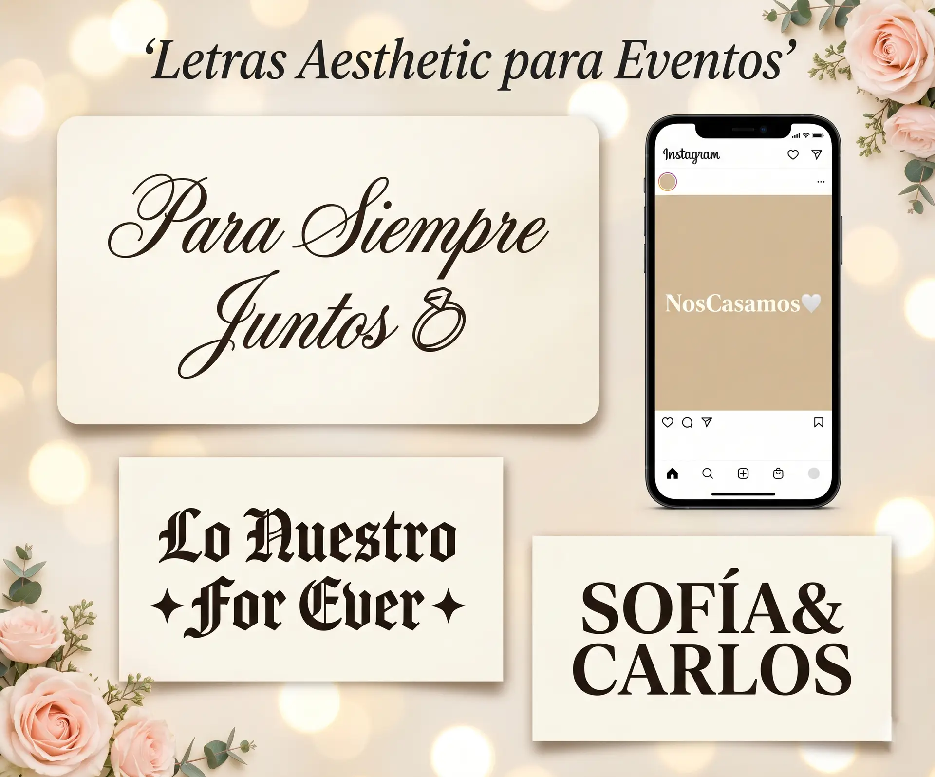 Letras aesthetic elegantes para anuncios de boda y matrimonio con tipografías cursivas y decoradas