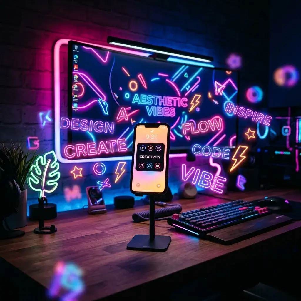 Letras neón iluminando un smartphone en la oscuridad
