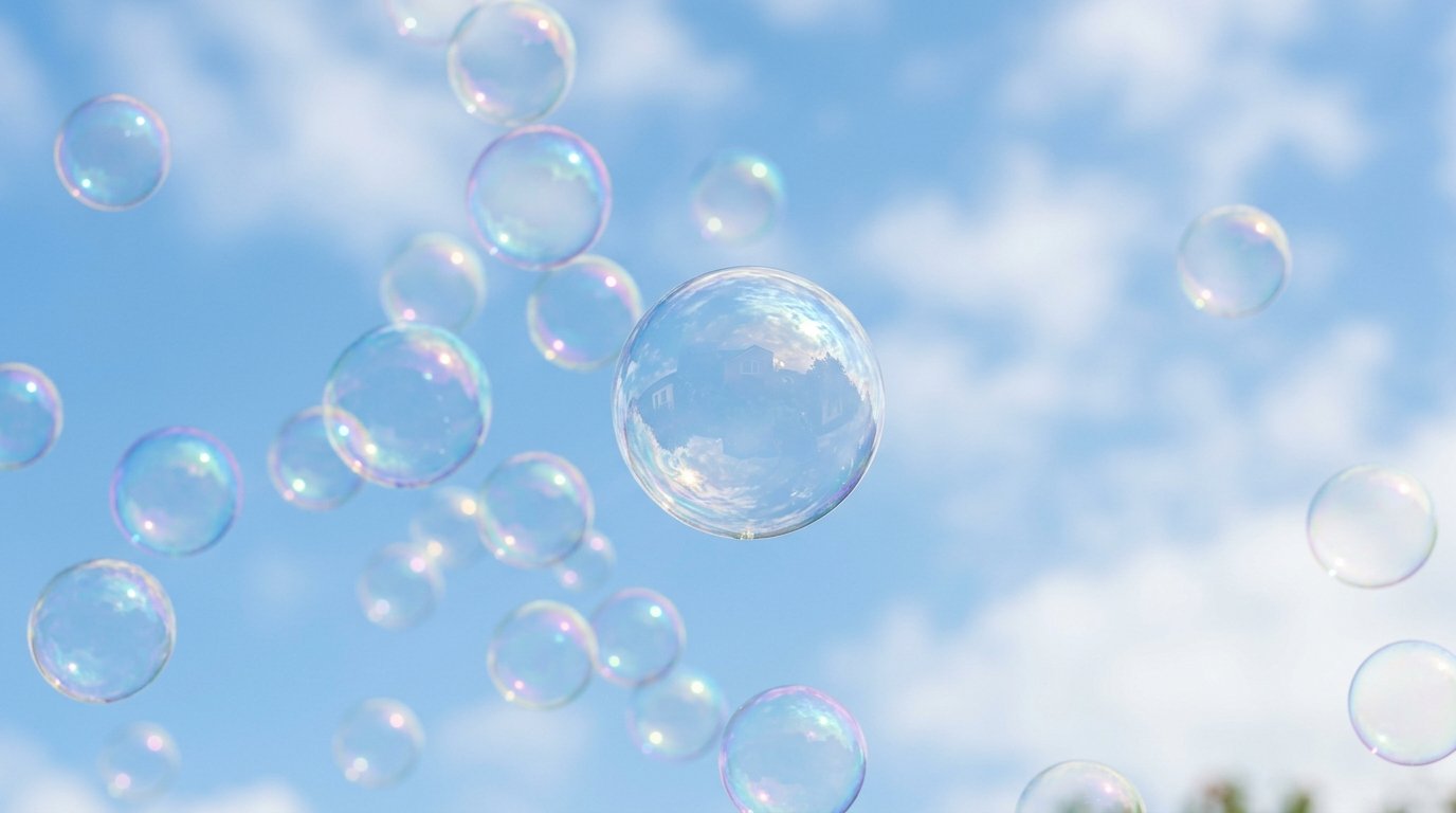 Burbujas de jabón brillantes flotando con reflejos de arcoíris en un cielo azul despejado