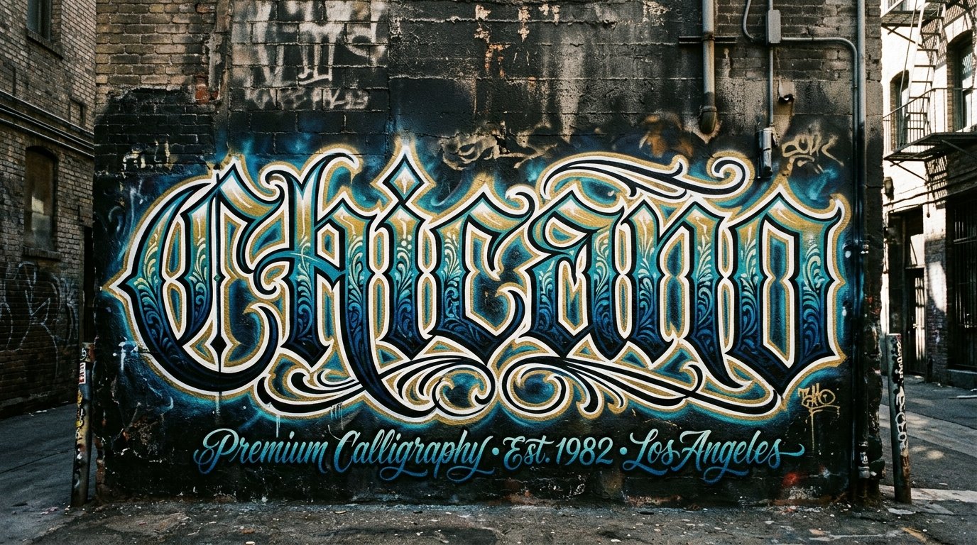 Graffiti de letras cholas estilo Chicano en una pared de ladrillos con aerosol y caligrafía urbana