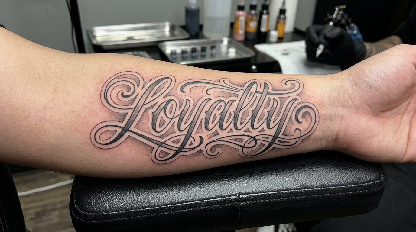 Tatuaje de letras cholas en el antebrazo con caligrafía fina y sombras negras y grises