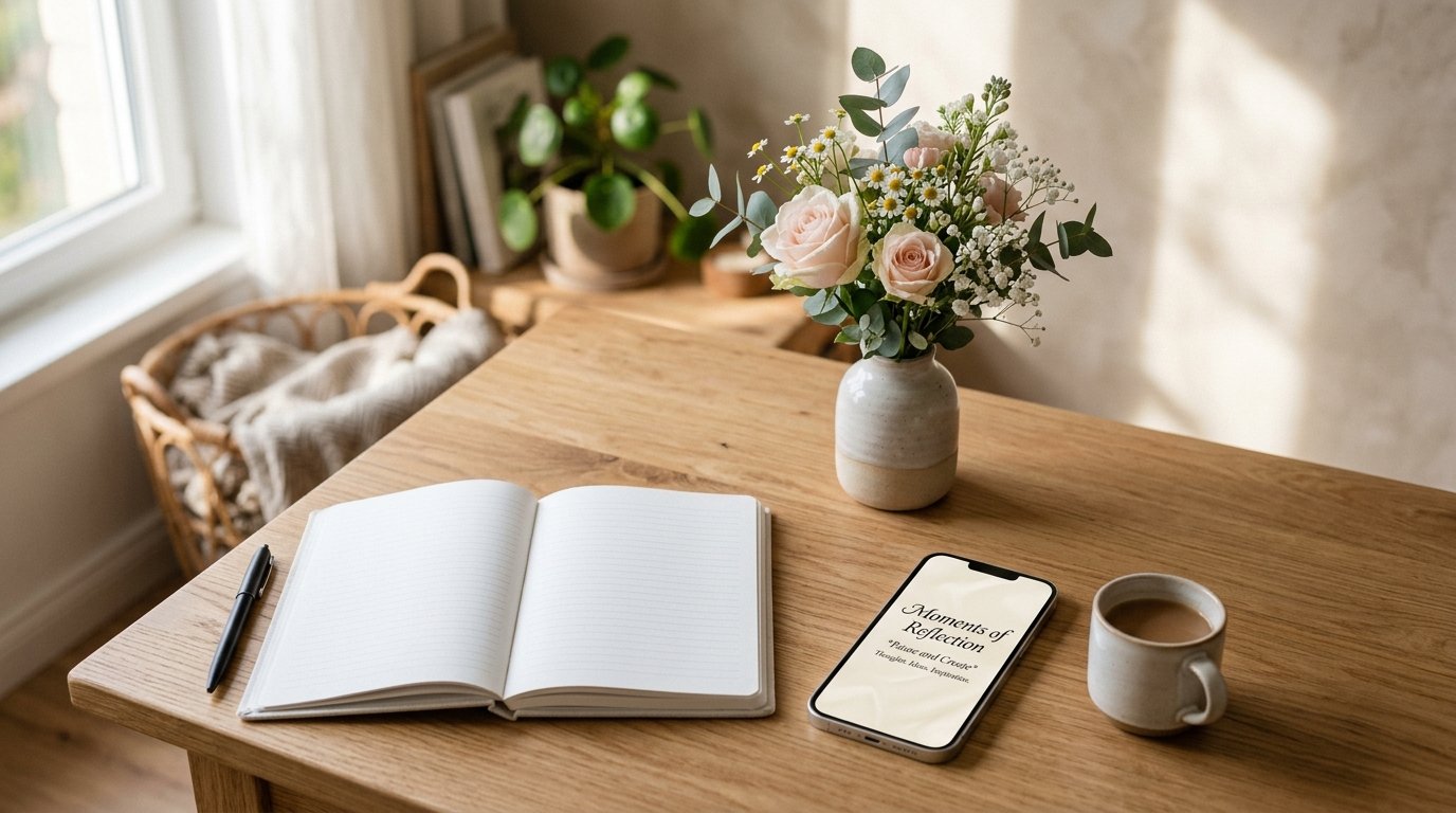 Teléfono celular que muestra fuentes elegantes al lado de una libreta abierta y flores en una mesa de madera