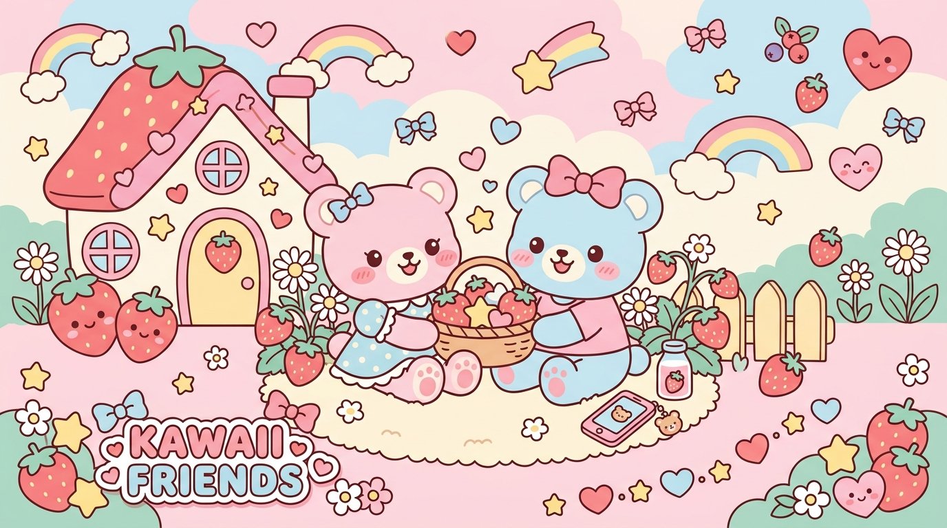 Ilustración kawaii japonesa en tonos pastel con fresas, ositos y nubes decoradas
