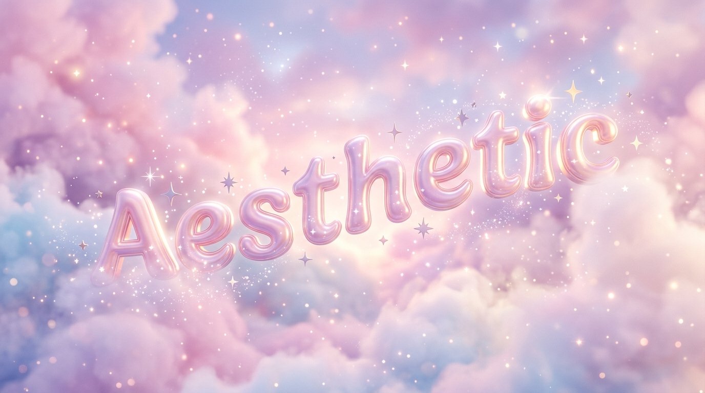 Palabra Aesthetic modelada en 3D en tonos pastel rosa y morado flotando sobre nubes suaves con destellos