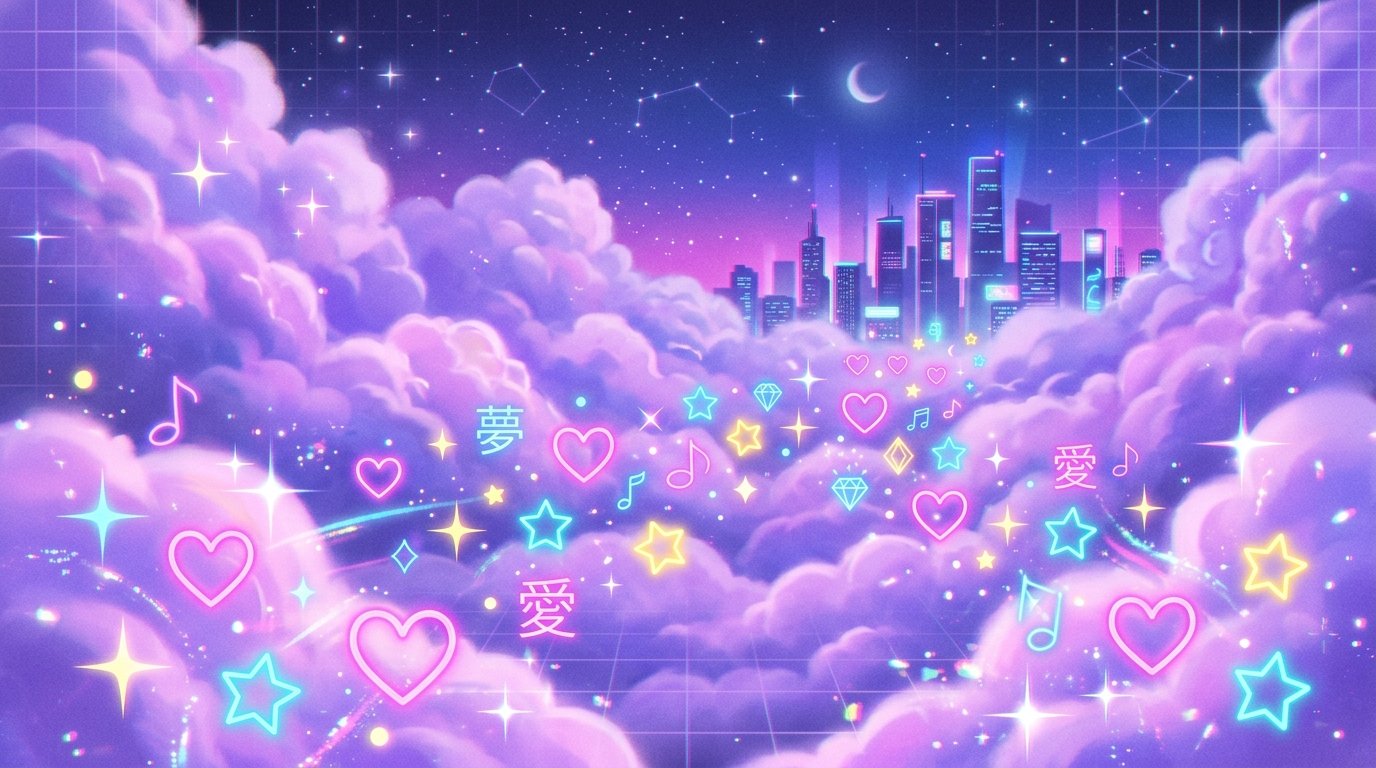 Composición de símbolos aesthetic brillantes con estrellas, corazones y destellos de neón en un cielo de fantasía